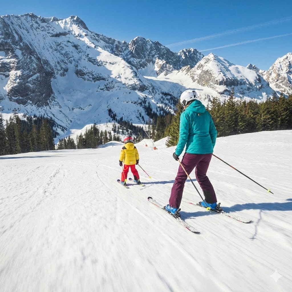 Een vrouw in een turquoise jas en een klein kind in een gele jas skiën achter elkaar op een zonnige piste in het skigebied Ehrwald, met een indrukwekkend besneeuwd bergmassief en een dennenbos op de achtergrond onder een helderblauwe lucht.