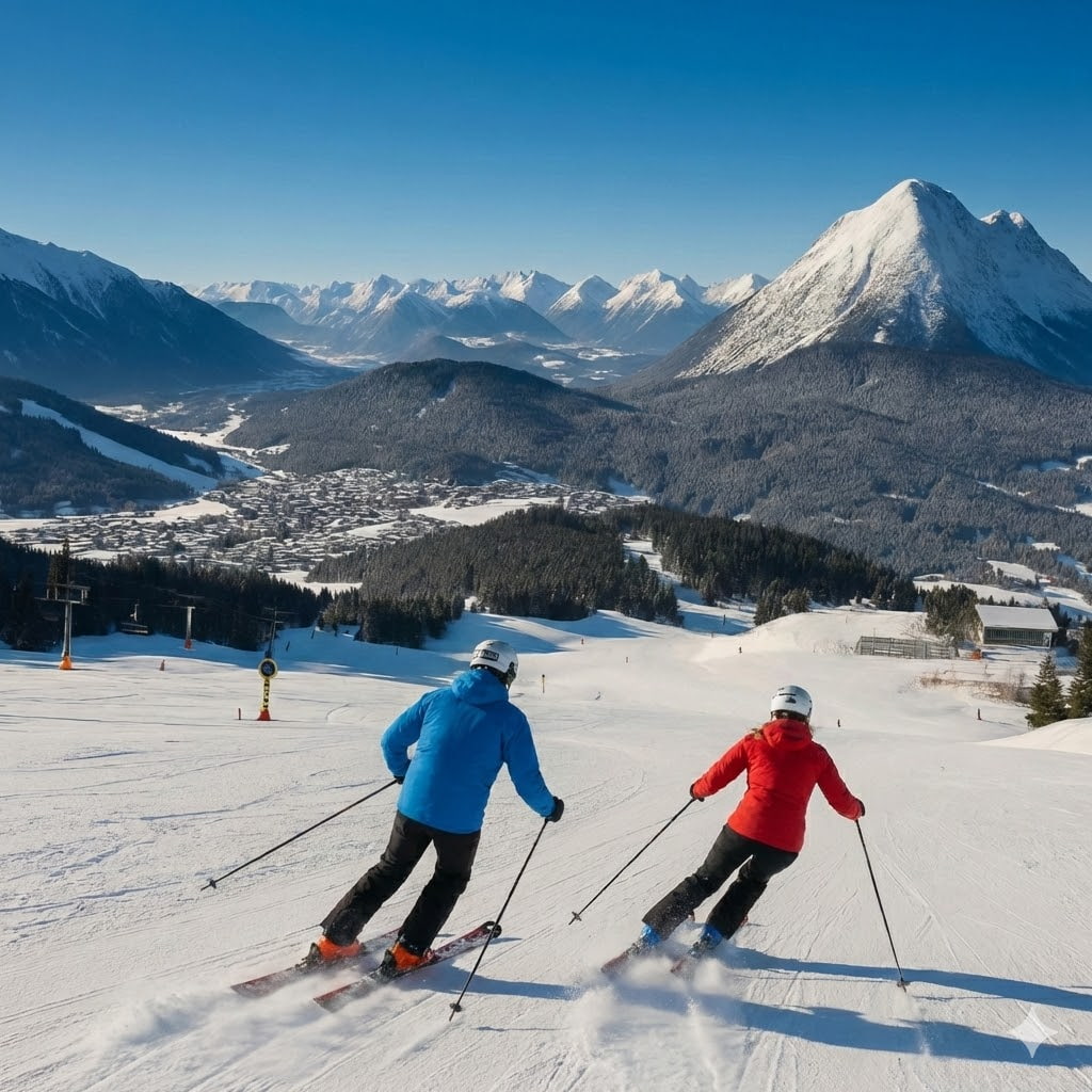 Twee skiërs op een zonnige piste met uitzicht op skigebied Seefeld.