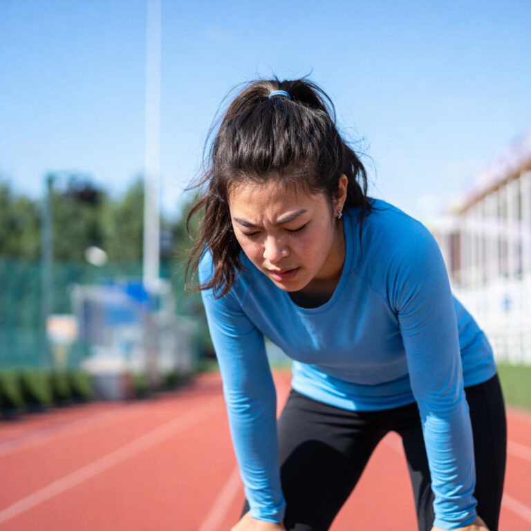 Vrouwelijke hardloper met inspanningsastma leunt benauwd voorover op een atletiekbaan na intensieve inspanning.